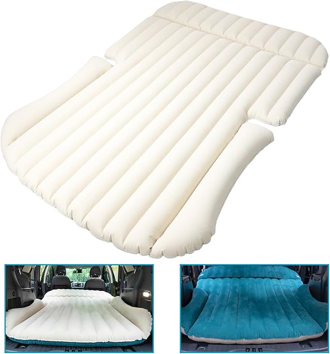 SUV Air Mattress Thickened and Double-Sided Flocking Travel Foldable Camping Bed for SUV Rear Seat and Trunk Camping Pickup Truck Bed Air Mattress 76x51x4.7Inch (White Blue)