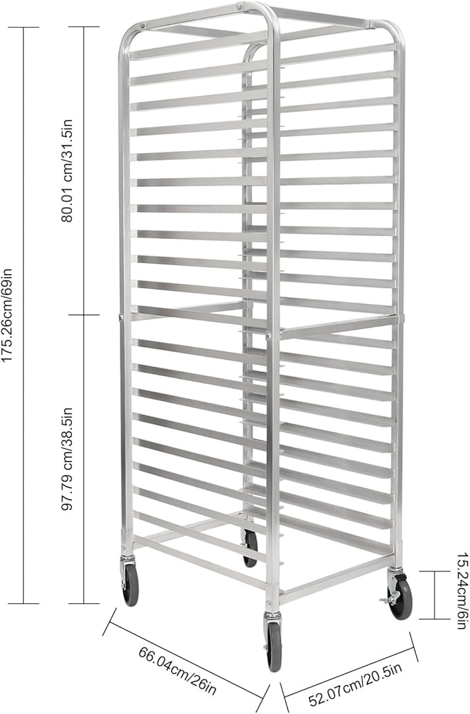 20 Tier Bun Pan Rack Mobile Sheet Pan Racking with Rollers Aluminum Trolley Storage Cooling Rack Heavy-Duty Bun Pan Sheet Shelf for 26 x 18 In