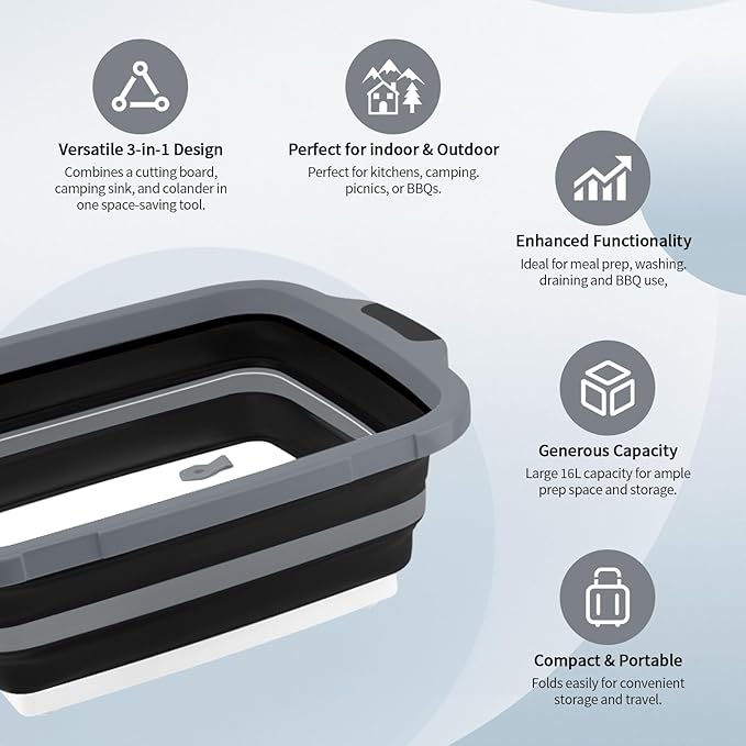 2-Pack XL Collapsible BBQ Prep Tub with Built-In Cutting Board Lid &amp Strainer (4.22 Gal / 16L) – Marinate Drain &amp Prep – Perfect for Grilling Smoking &amp Outdoor Cooking-Black