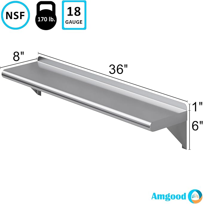 AmGood 8 X 36 Stainless Steel Wall Shelf | Metal Shelving | Garage Laundry Storage Utility Room | Restaurant Commercial Kitchen | NSF