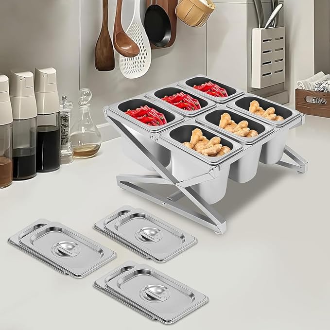 Expandable Spice Rack 6 Pans Commercial Stainless Steel Organizer Shelf with Lids and Six 1/9 Pans for Sauce Ingredients Fruits