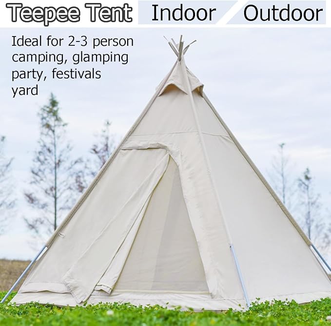Canvas Tent Teepee Tent for Adults 210G Cotton with Double Door 3 Seasons 2-3 Person for Family Outdoor Camping Parties Glamping