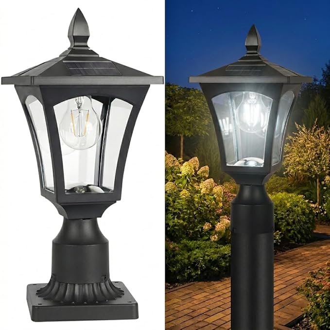 Outdoor Solar Lamp Post Light with Glass Shade &amp Pier Mount Base IP45 Waterproof Dusk to Dawn Solar Post Lantern Cool White for Driveway Path Garage Gate &amp Security Lighting