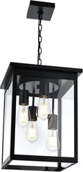 TODOLUZ Large Outdoor Pendant Light Fixtures 4-Lights Black Exterior Ceiling Hanging Lanterns with Clear Glass Farmhouse Outdoor Chandelier for Front Door Entry Patio