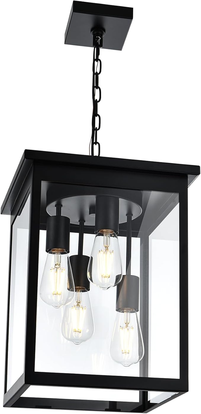 TODOLUZ Large Outdoor Pendant Light Fixtures 4-Lights Black Exterior Ceiling Hanging Lanterns with Clear Glass Farmhouse Outdoor Chandelier for Front Door Entry Patio