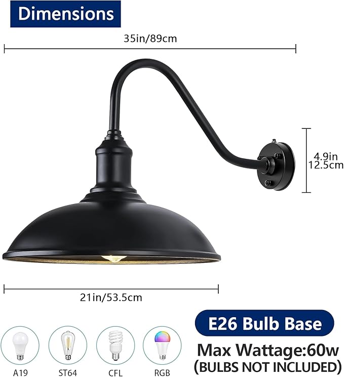 21 Inch Large Dusk to Dawn Outdoor Barn Light Farmhouse Gooseneck Exterior Light Fixture Wall Mount Vintage Black Outdoor Barn Light FixturesGooseneck Light Fixtures for Garage