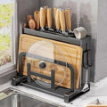 Kitchen Knife Block Organizer with Drip Tray | Ventilated Countertop Storage for Knives Cutting Boards &amp Pot Lids | Space Saving Keeps Dry(BlackA)