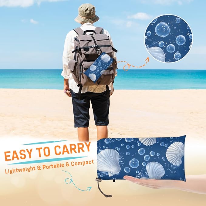 Waterproof Sandproof Beach Blanket 59''×68'' Sea Scallop Polyester Outdoor Picnic Blanket with 4 Stakes &amp Storage Bag for BeachCampingVacation Blue