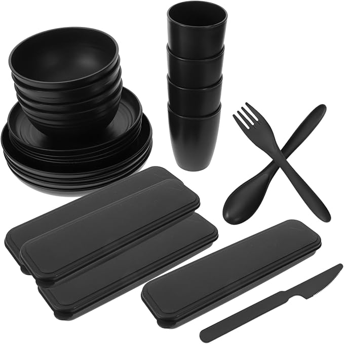 4sets Black Camping Cookware Rv Dishes Camper Essentials Cutlery Easy Clean Utensils Case