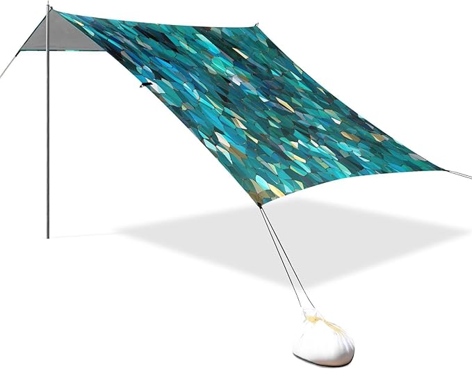 Rainbow Mosaic Textured Beach Tent Sun Shelter 9.2' x 10.5' Beach Canopy with 4 Sandbags 4 Stability Poles Sand Shovels - Tent Canopy for Beach Camping Fishing Picnics