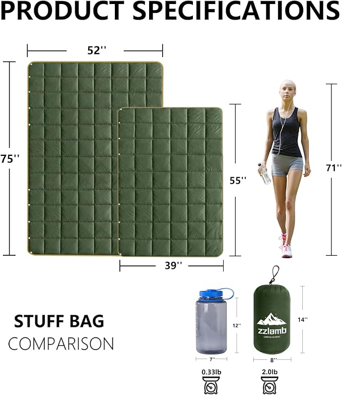 zzlamb Camping Blanket Compact Lightweight Soft Puffy Blanket Water-Repellent Packable Warm Quilt Down Alternative Picnic Hiking Backpacking Beach Travel RV Airplane Couch Car