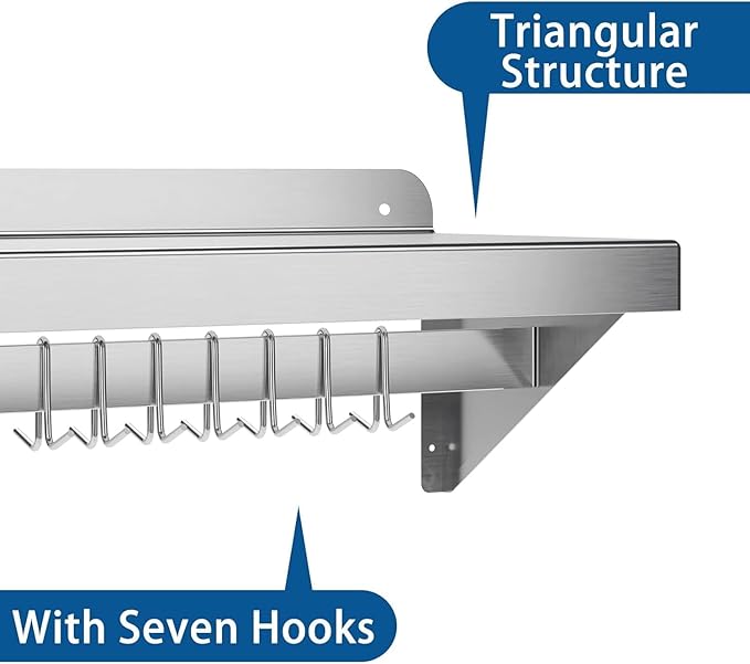 Floating Shelf with Backsplash12 x 48 Single Tube Wall Rack - Durable Stainless Steel Multi-Functional Design with 7 Hooks Space-Saving Solution for Kitchen Organization