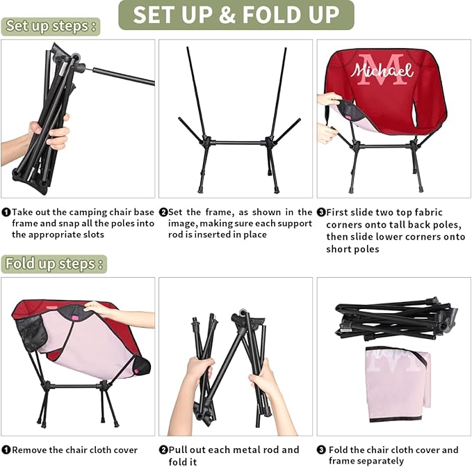 Custom Red Portable Camping Chair Personalized Backpacking Chair with Name Lightweight Foldable Chairs for Hiking Beach