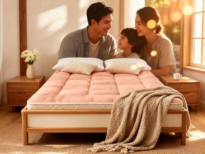 Portable Folding Futon Mattress Soft Futon Roll-Up Sleeping Pad Breathable Non-Slip Camping Mat for Home and Camping Foldable Sofa Bed Pad with Premium Support (Pink Twin Size)
