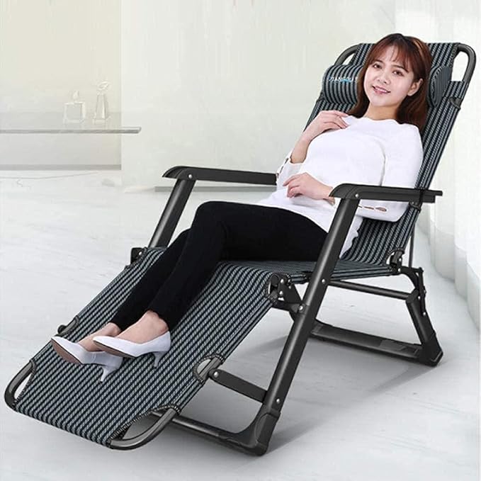 FWZJ Reclining Zero-Gravity Recliner Folding Garden Chair Portable Deck Chair Adjustable Backrest Outdoor Camping Beach-Blue + Thick Green Pad-Teslin Qing (Blue + Thick Black