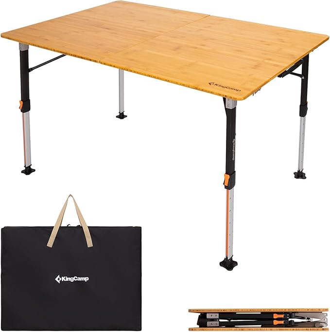 KingCamp Bamboo Folding Table 4-Fold Camping Adjustable Height Portable Outdoor Lightweight &amp Compact Table with Aluminum Frame for RV Picnic BBQ Tailgating