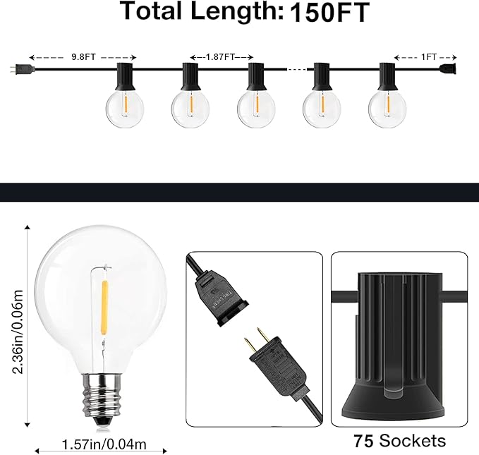 GPATIO 150FT Outdoor String Lights Waterproof Patio Lights with 77 Dimmable Hanging Light Globe G40 Bulbs 2700k Shatterproof Connectable for Backyard Gazebo Porch Outside Decor