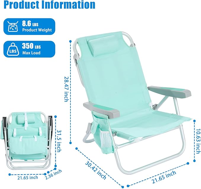 SUNNYFEEL Low Beach Chairs for Adults 5 Position Lay Flat Portable Folding Backpack Beach Chair Heavy Duty with Cooler Bag Cup Holder for Outdoor/Lawn/Picnic/Sand Foldable Camping Chair