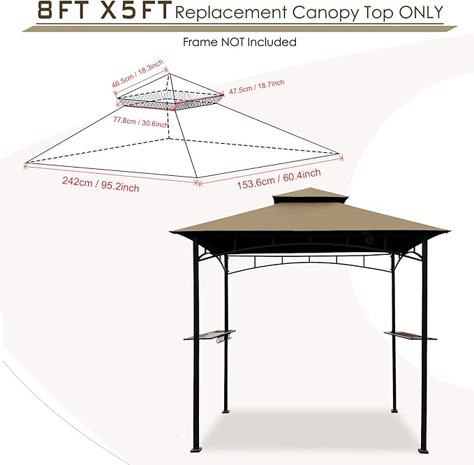 Grill Gazebo Replacement Canopy Roof – Hugline 5x8 Outdoor Grill Shelter Canopy Top Double Tiered BBQ Tent Cover Fit for Model L-GG001PST-F (Khaki)