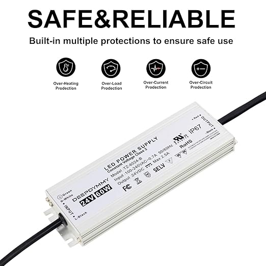 24V DC Power Supply 60W - Ultra Slim LED Driver Low Voltage Transformer with 3-Prong Plug &amp 3.3ft Cable IP67 Waterproof for LED Strip Lights Outdoor Lighting