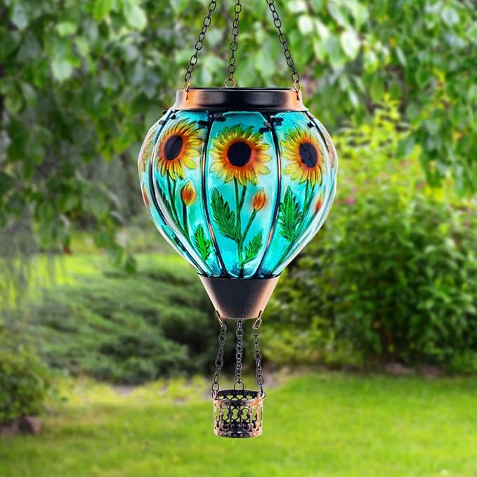 Starsoul Sunflower Hot Air Balloon Solar Lantern Glass Outdoor Hot Air Balloon Solar Flickering Flame Light Hanging Solar Lanterns Outdoor Waterproof Garden Patio Yard Party Decor