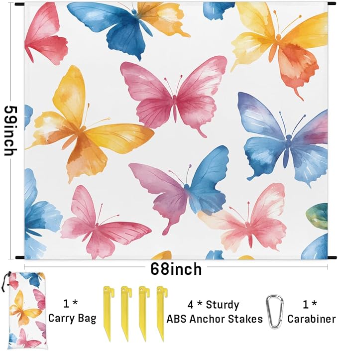 Waterproof Sandproof Beach Blanket 59''×68'' Colored Animals Butterflies Polyester Outdoor Picnic Blanket with 4 Stakes &amp Storage Bag for BeachCampingVacation