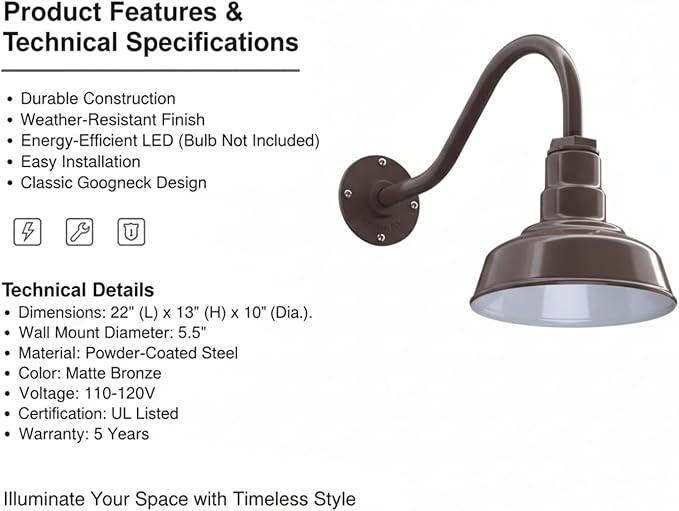 AGB101-10-AS8 Bronze - Standard Barn Light with Gooseneck Arm | Outdoor LED Lights Classic Floodlight Design for Barn Lights Outdoor Durable Metal Construction Energy-Efficient