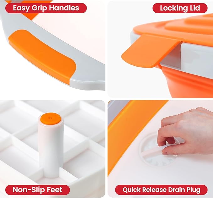 BBQ Prep Tub 3-IN-1 Large 30L Collapsible Cutting Board with Locking Lid for Meal Prep Marinating Food Camping Sink with Colander Dish Basin Storage Blanket for Camping Picnic BBQ Orange