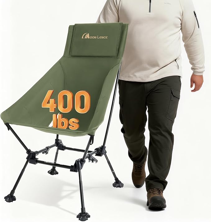 MOON LENCE Oversized High Back Camping Chair for Adults Height Adjustable Folding Chair with 400 lbs Capacity Hidden Pillow Pocket and Wide Seat for Camping Base Camp Fishing Overlanding Green