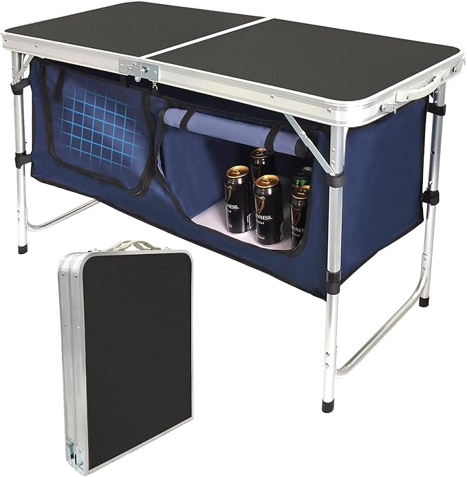 Folding Camping Table with Storage Compartment Aluminum Lightweight Camp Kitchen Table Height Adjustable Indoor/Outdoor Table Perfect for Tailgating Backyards BBQPicnic Black