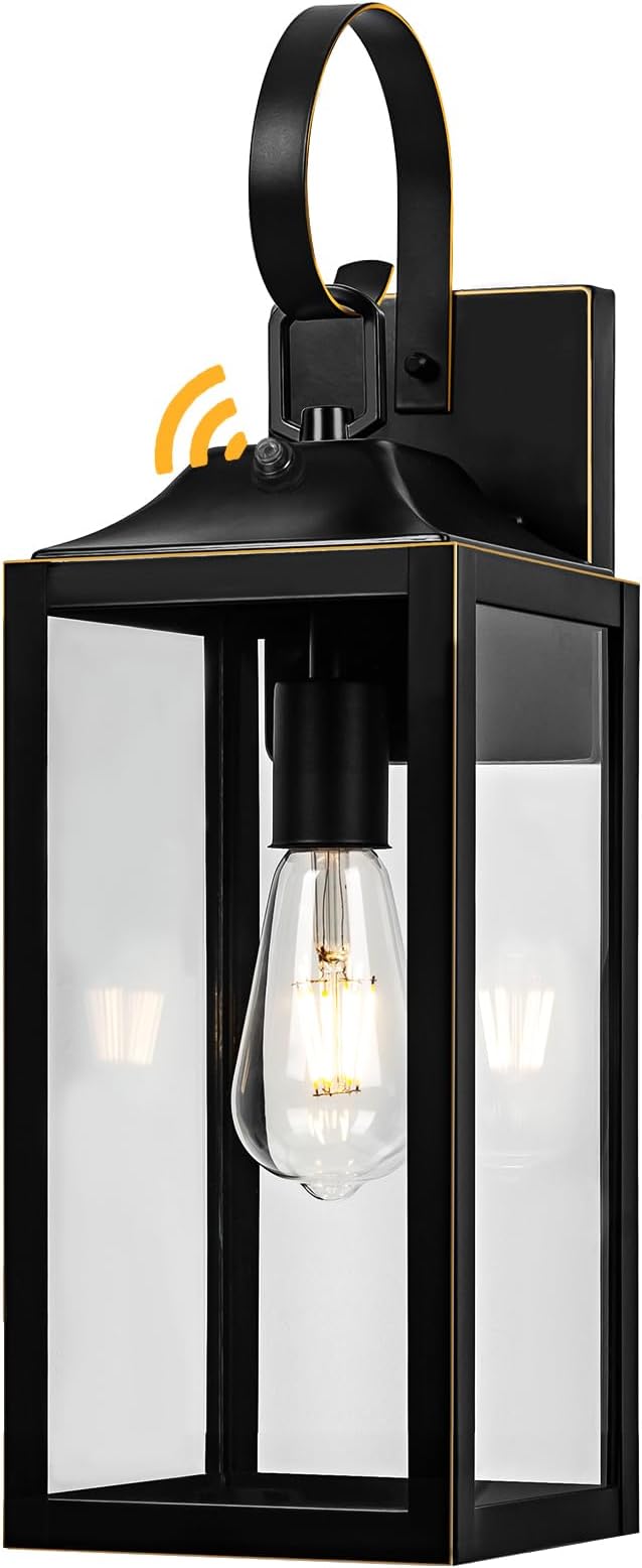 Large Dusk to Dawn Outdoor Wall Light 19 Black Outside Farmhouse Wall Sconce Industrial Wall Mount Light Fixture Waterproof Modern Porch Lighting Exterior Lamp for House -with Gold Trim