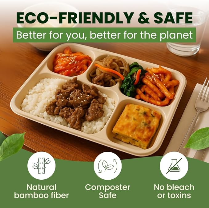 Dtocs 5 Compartment Plates Disposable (40 Pcs.) 9 Inch | Bamboo Fiber Heavy Duty Divided Plates | Sectional Trays for Cafeteria Lunch Buffet Camping | Sturdy Microwavable Divided Bamboo Plate Set