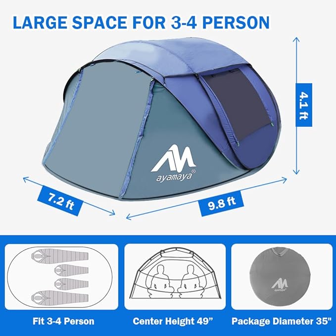 4 Person Pop Up Tents for Camping - AYAMAYA Waterproof Instant Family Tents with Skylight &amp Removable Rainfly Upgraded Large Size with 2 Doors -Automatic Easy Setup Beach Tent with Poles