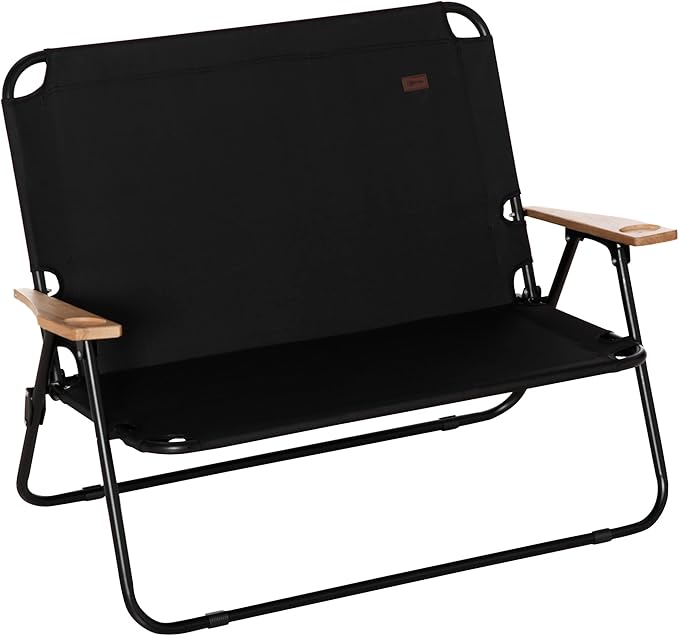 Double Folding Camping Chair Loveseat for 2 Adults Portable Camping Couch with Wood Armrest Cupholders for Backpacking Beach Sports Travel Black