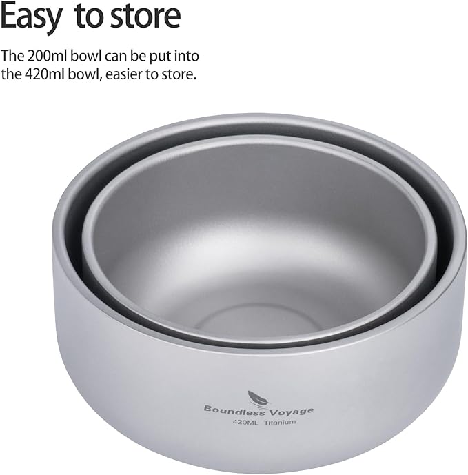 Boundless Voyage 420ml Titanium Double Walled Bowl for Adult Children Ultralight Portable Soup Rice Food Bowl Outdoor Camping Durable Metal Tableware Ti1084T