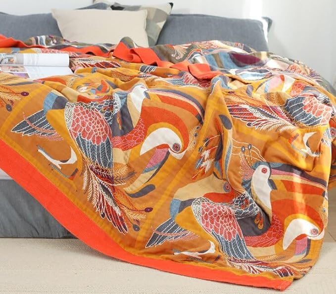 ITFRO Boho Throw Blanket 100% Cotton 4 Layer Muslin Blanket 80x92 Lightweight Breathable Rustic Bed Throw Floral Bird Farmhouse Decor for Sofa Couch (Bird 80x92)