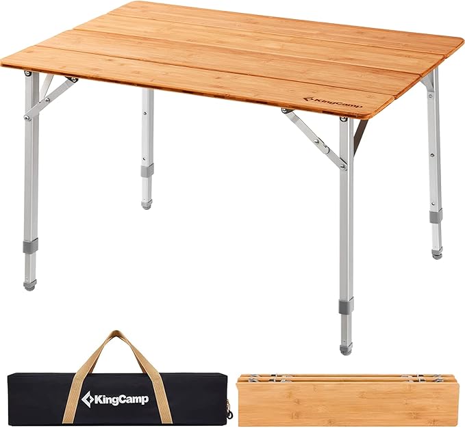 KingCamp Adjustable Height Folding Table 4-Fold Bamboo Camping Outdoor Portable RV Camp Table with Carry Bag for Outdoor Car Backyard Picnic Tailgating Beach