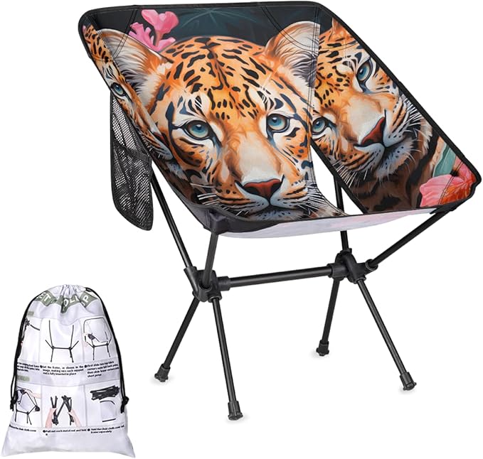 Animal Tiger Pattern Camping Chair Lightweight Portable Chairs for Adults Easy Installation Outdoor Foldable Camping Chair for Camping Fishing Hiking Picnic Beach