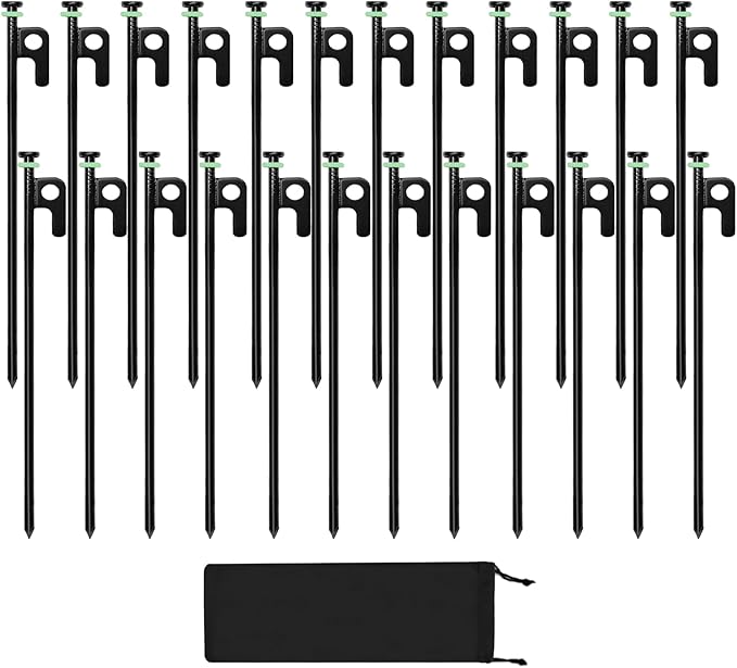 24Pcs Tent Stakes 12in Heavy Duty Tent Stakes with Storage Pouch Forged Steel Metal Stake for Tent Used on Rocky Place Grassland Dessert(24Pcs 12in Diameter 1/4)
