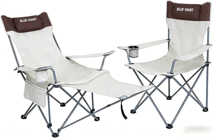 2 Pack Adjustable Folding Camping Chairs with Detachable Footrest and Headrest Lightweight and Portable Ideal for Hiking Travel Fishing and Outdoor Activities (Beige)