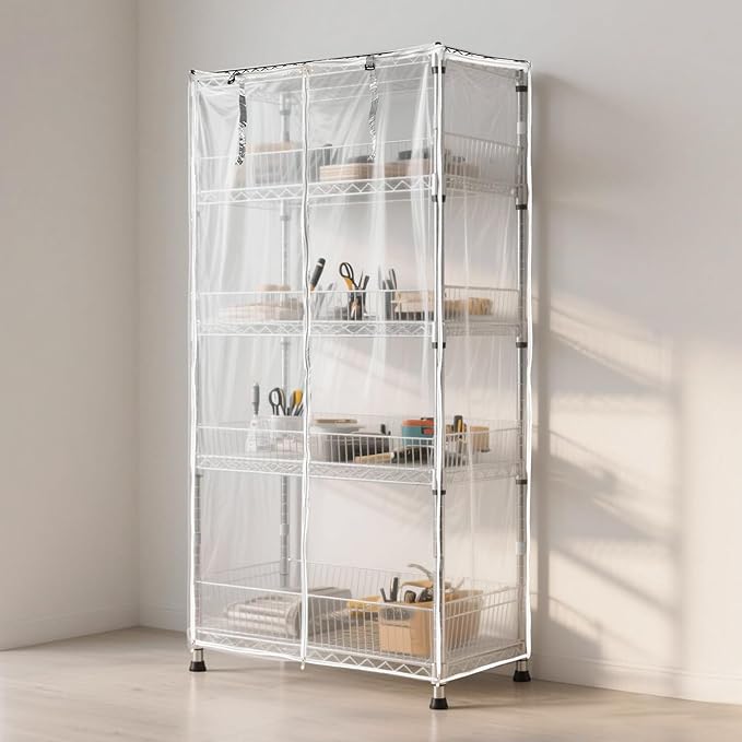 Waterproof Shelf CoverDurable Dustproof Storage Wire Rack CoversOutdoor Shelving Covers for Wire Shelves with Zipper 36''x16''x72''ClearCover Only