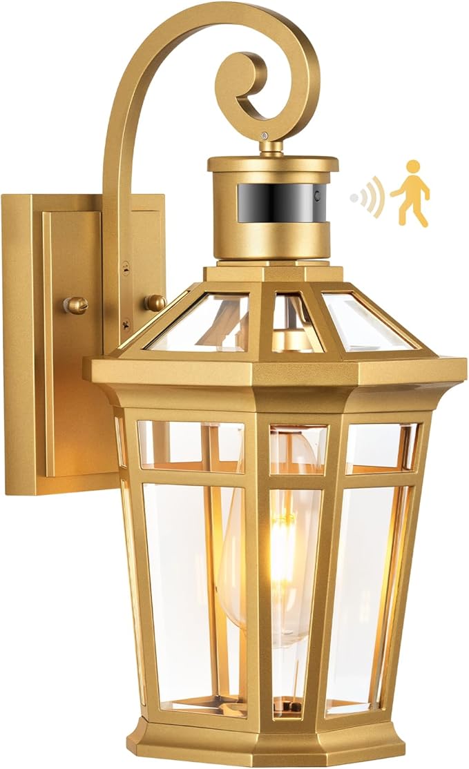Motion Sensor Front Porch Light Gold Outdoor Light Fixture Wall Mount Outdoor Wall Lantern Sconce Light with Beveled Glass Waterproof Carriage Lights Exterior Coach Lights for Garage Patio