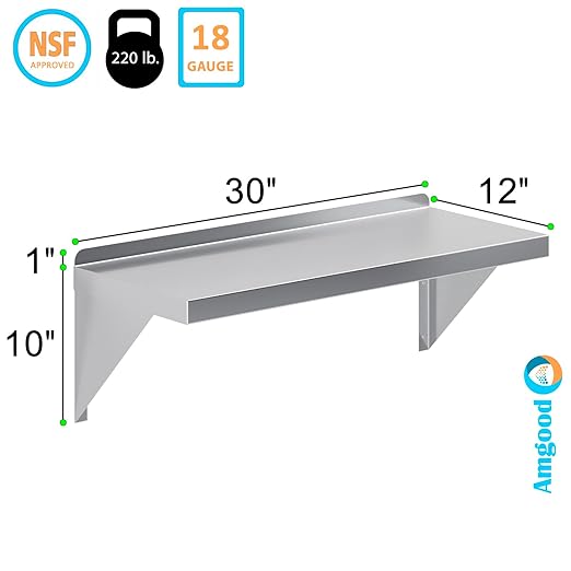 AmGood 12 Width x 30 Length | Stainless Steel Wall Shelf | Square Edge | Metal Shelving | Heavy Duty | Commercial Grade | Wall Mount | NSF Certified