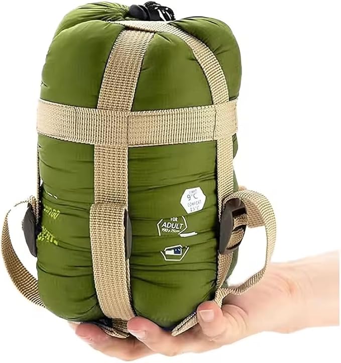 Compact Lightweight Sleeping Bag for Adults Warm Portable Camping Hiking Backpacking Outdoor Travel with Compression Sack Army Green Nylon Shell