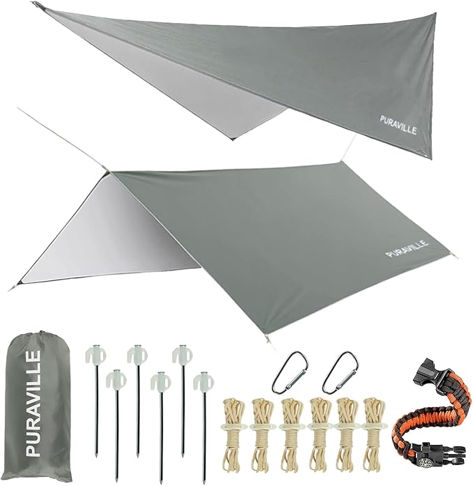 Puraville 10x10 ft Rectangle Lightweight Camping Tarps Portable Waterproof Hammock Rain Fly Tent Tarp for Camping Backpacking Grey