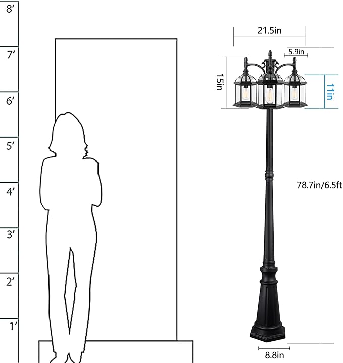 Dusk to Dawn Outdoor Lamp Post Light with 3 LED Bulbs Triple Head Aluminum Street Light Post for Outside with Sensor Waterproof Birdcage Pole Lighting Fixture for Backyard Garden Patio Driveway
