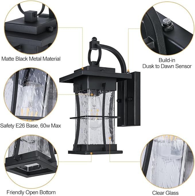 Outdoor Lighting Fixtures Wall Mount 1-Light 15''H Dusk to Dawn Exterior Light for House Outdoor Wall Lantern with Clear Glass for Front Porch Patio Garage (15'' H with Photocell 1 PC)