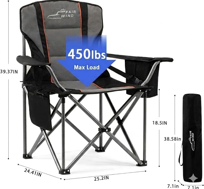 FAIR WIND 2 Pack Heavy Duty Camping Chair Oversized Padded Folding Chair for Big and Tall (450lbs) Extra Wide Seat with Integrated Cooler &amp Storage Pocket Adjustable Lumbar Support for Outdoor
