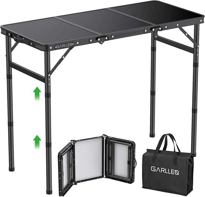 GARLLEN Folding Camping Table Max 27.5 3-Height Adjustable Portable Camping Table with Carrying Bag Lightweight Aluminum Folding Picnic Tables for BBQ Travel Outdoor 34.2 L x 15.7 W