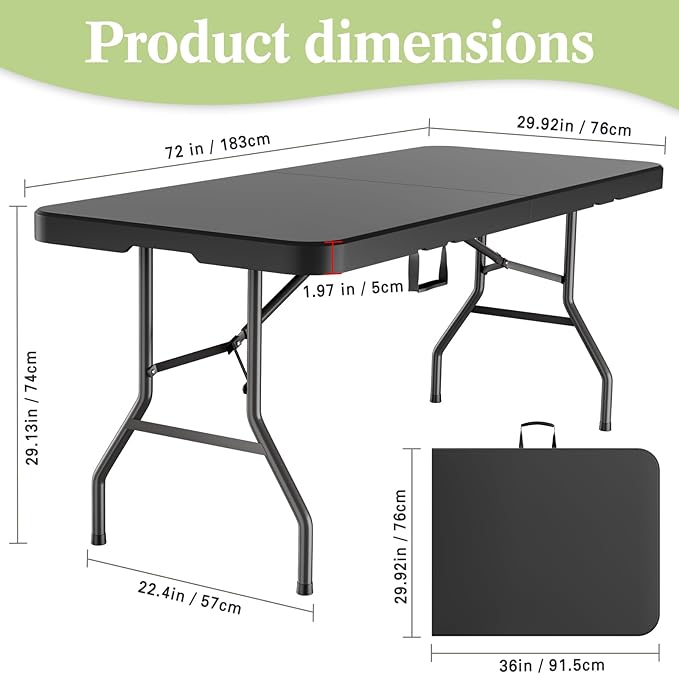 6ft Heavy-Duty Portable Outdoor Folding Table for 6 - Sturdy HDPE Top 350lbs Capacity Lockable Design No Assembly - Camping Parties Picnics (Black)